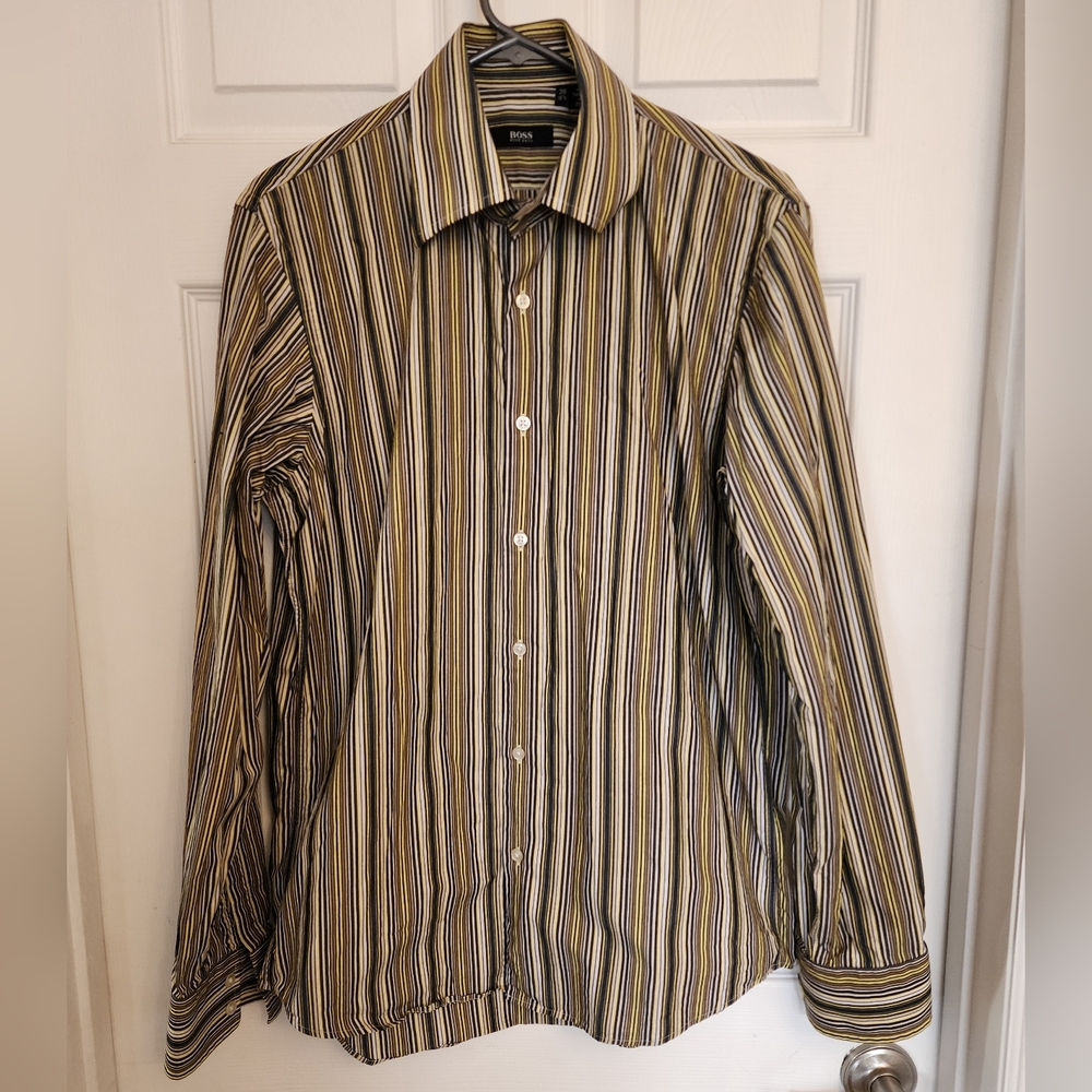 Boss Hugo Boss Yellow/Grey RN 73615 Striped Dress Shirt Size 39, 15 1/2‎